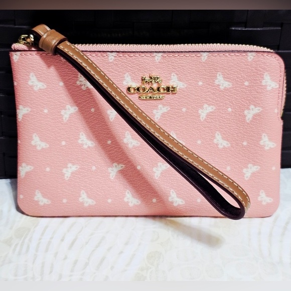 NWOT Coach Pink Blush Chalk Butterfly Polka Dots Wristlet Bag Butterflies Pink - Picture 1 of 5